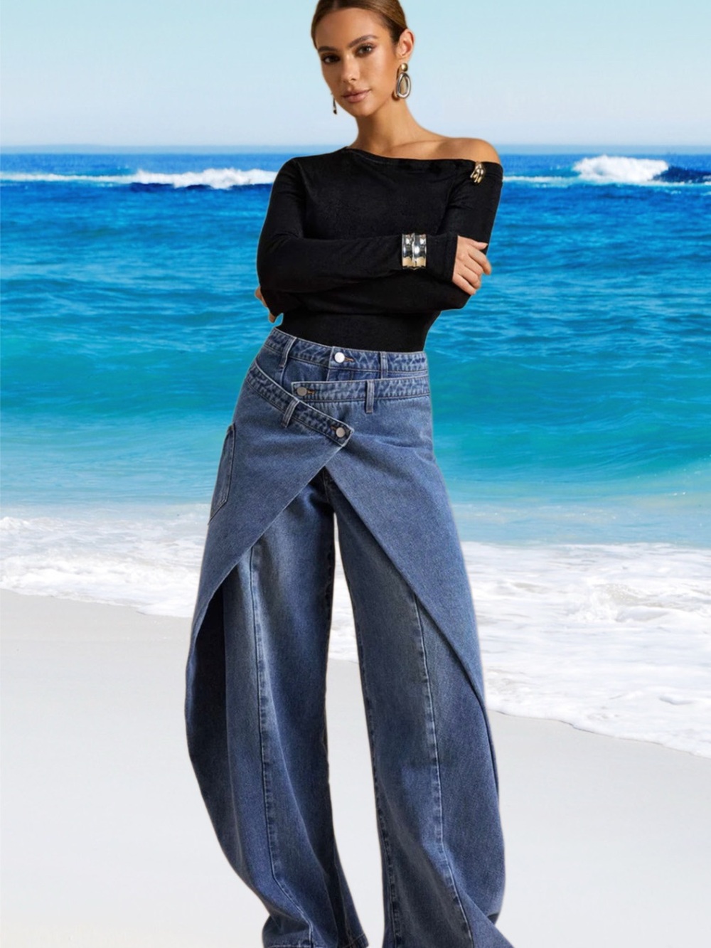 Commense Layered Wrap-Front Wide-Leg Blue Denim Jeans